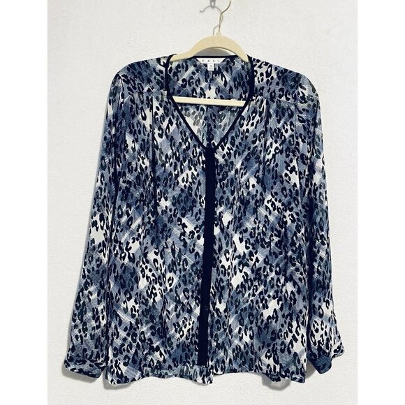 Cabi Top Womens Medium Fatale Blue Black Animal Print Sheer Button Up Boho 977 - Picture 2 of 9